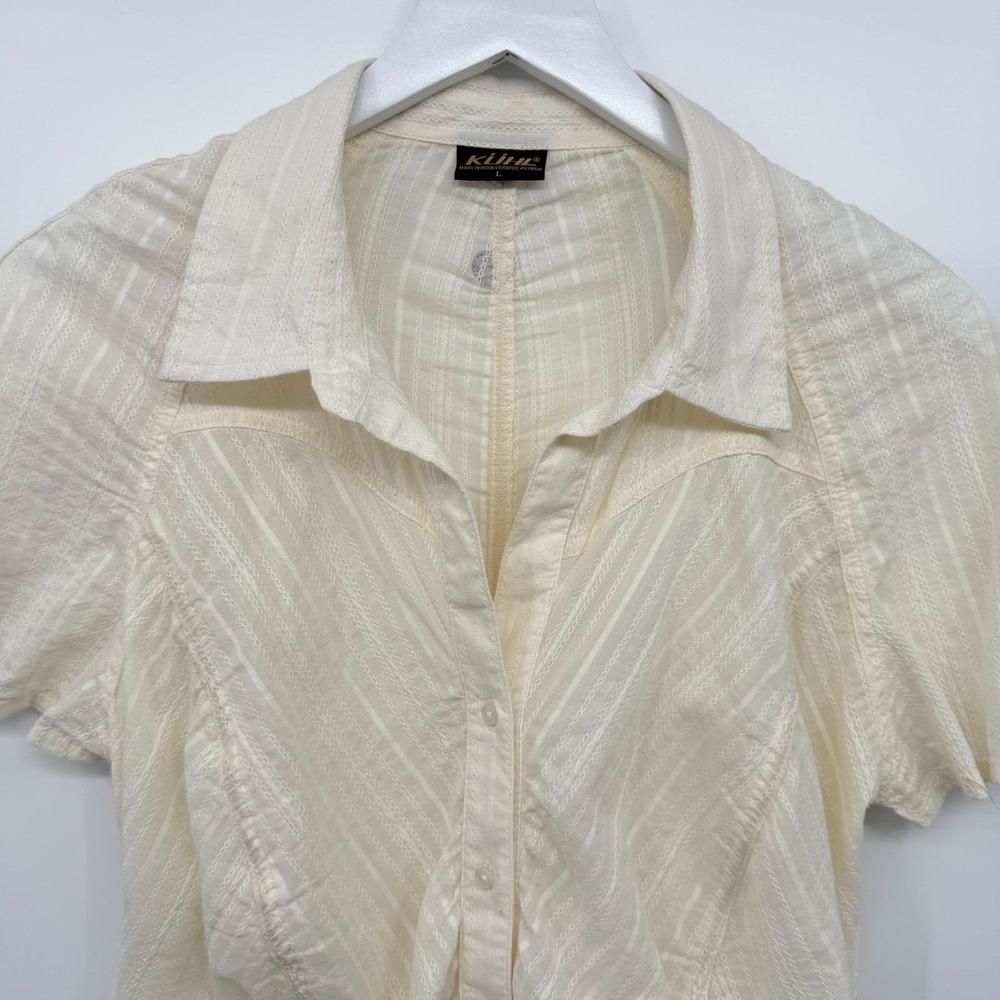 Vintage Kuhl Top Shirt Blouse Size Large Ruched Button Up Quiet Luxury Neutral - Picture 4 of 14